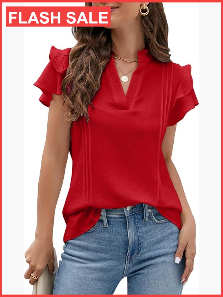Ruffle Sleeve V-Neck Blouse, Lightweight Polyester, Business Casual Top